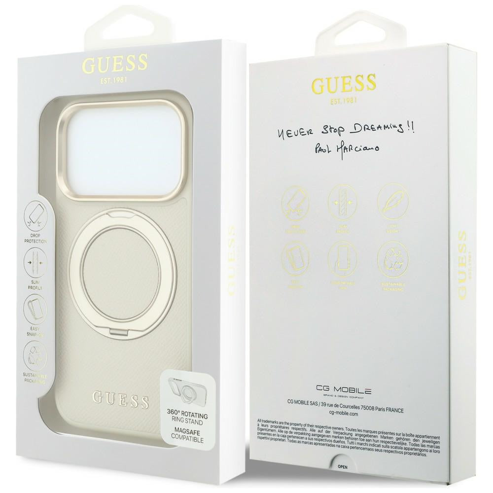 MagSafe-etui til Apple iPhone 18 Pro Max / 17 Pro Max, Guess, Grained Ring Stand 360 Classic, Beige