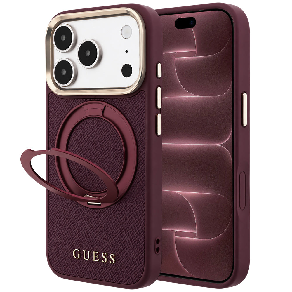MagSafe-etui til Apple iPhone 18 Pro Max / 17 Pro Max, Guess, Grained Ring Stand 360 Classic, Vinrød