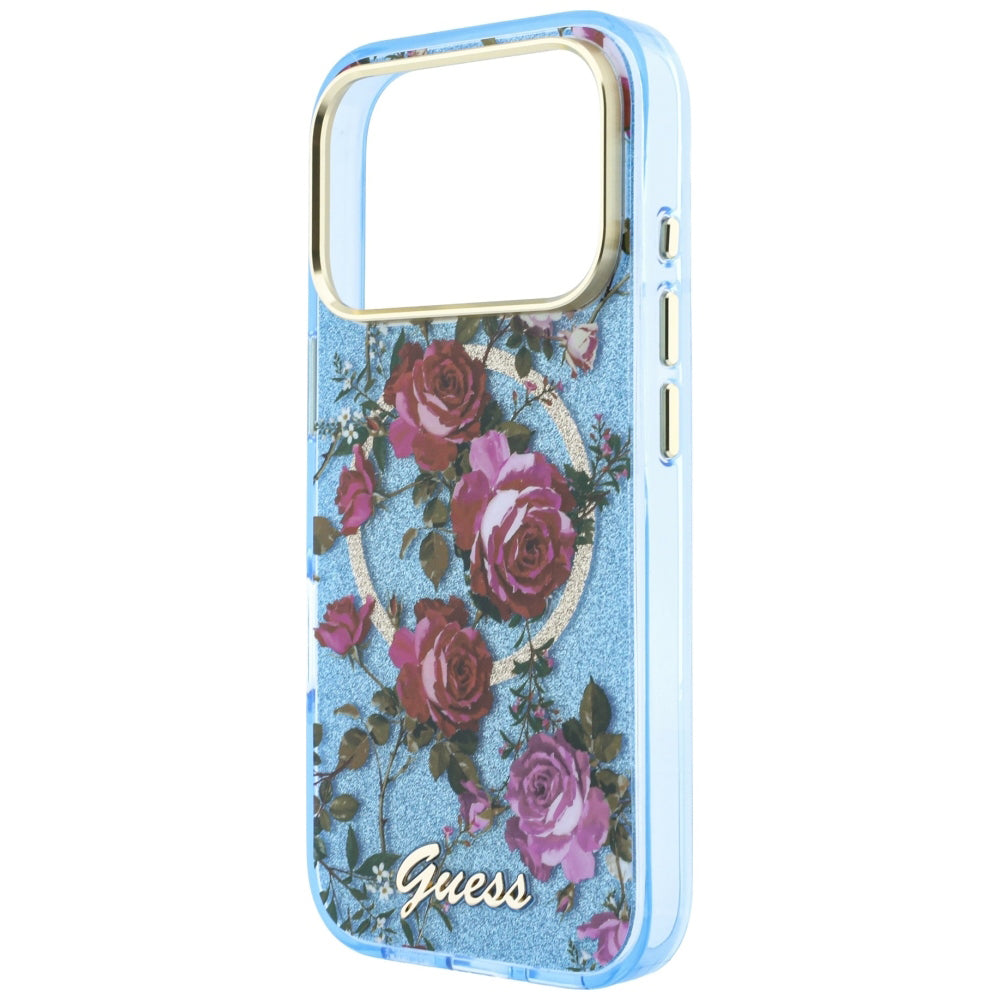 MagSafe-etui til Apple iPhone 18 Pro Max / 17 Pro Max, Guess, IML Glitter Blossom Roses, Bleu