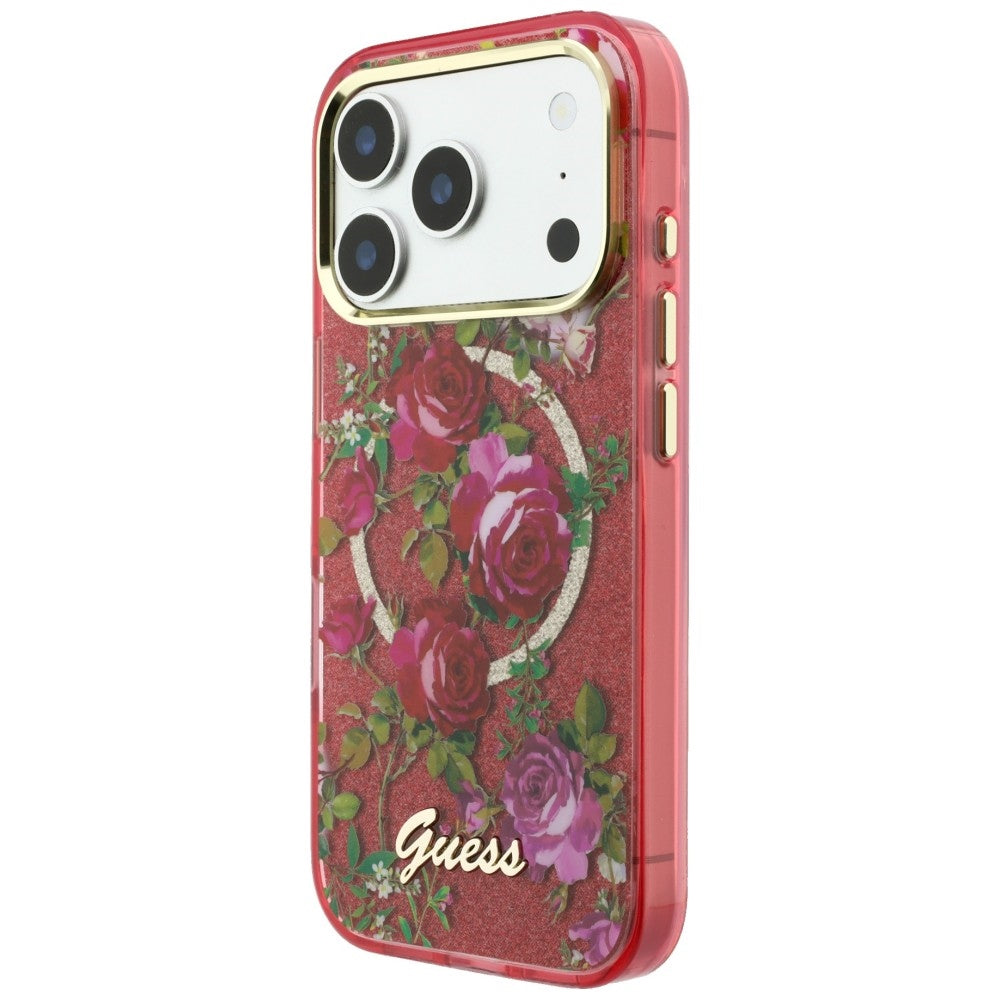 MagSafe-etui til Apple iPhone 18 Pro Max / 17 Pro Max, Guess, IML Glitter Blossom Roses, Vinrød