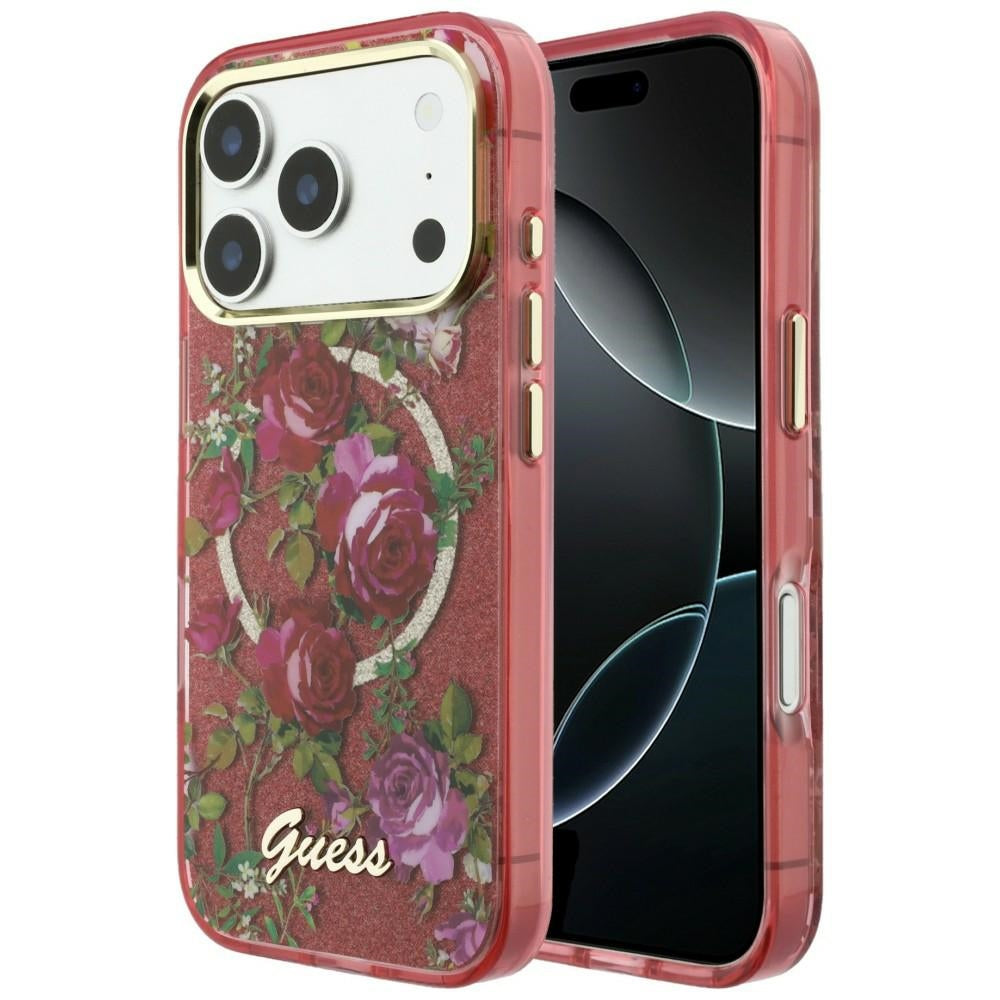 MagSafe-etui til Apple iPhone 18 Pro Max / 17 Pro Max, Guess, IML Glitter Blossom Roses, Vinrød