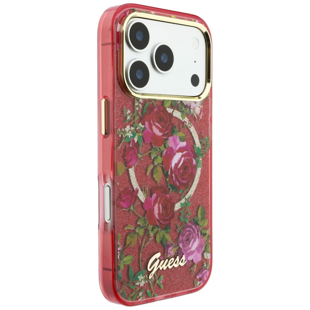 MagSafe-etui til Apple iPhone 18 Pro Max / 17 Pro Max, Guess, IML Glitter Blossom Roses, Vinrød