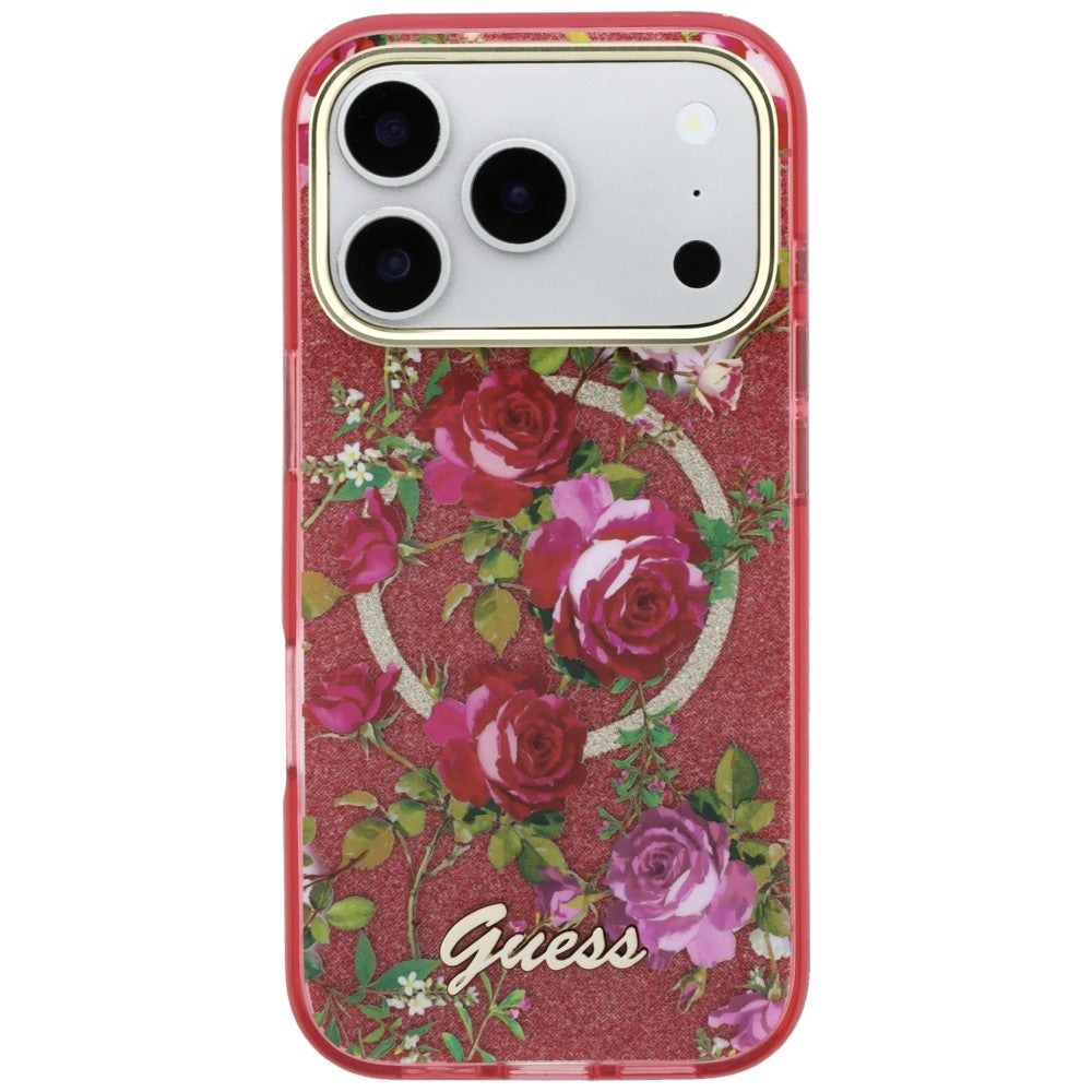 MagSafe-etui til Apple iPhone 18 Pro Max / 17 Pro Max, Guess, IML Glitter Blossom Roses, Vinrød
