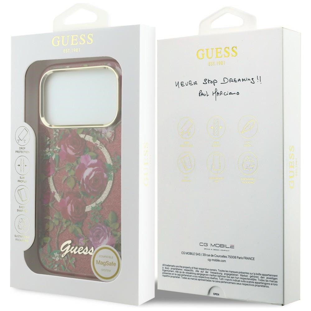 MagSafe-etui til Apple iPhone 18 Pro Max / 17 Pro Max, Guess, IML Glitter Blossom Roses, Vinrød