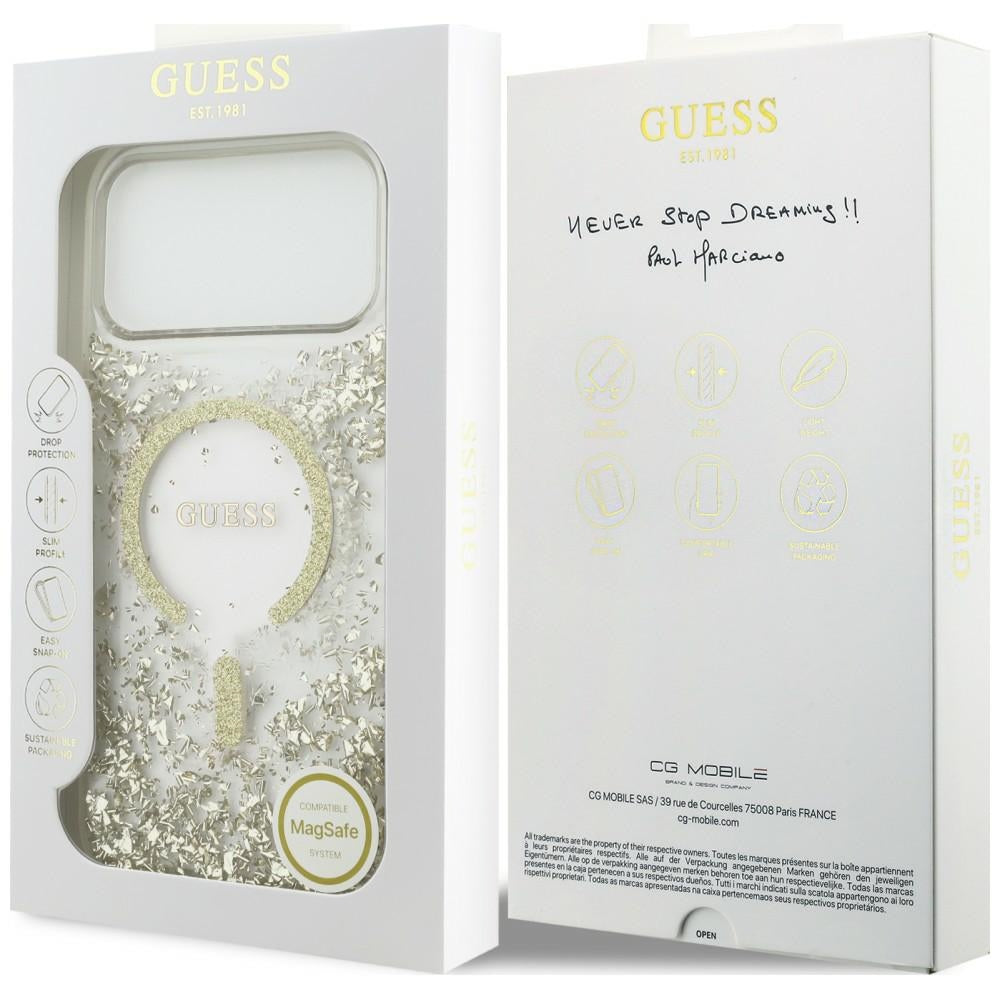 MagSafe-etui til Apple iPhone 18 Pro Max / 17 Pro Max, Guess, Harpiksbund med glitter, Guld