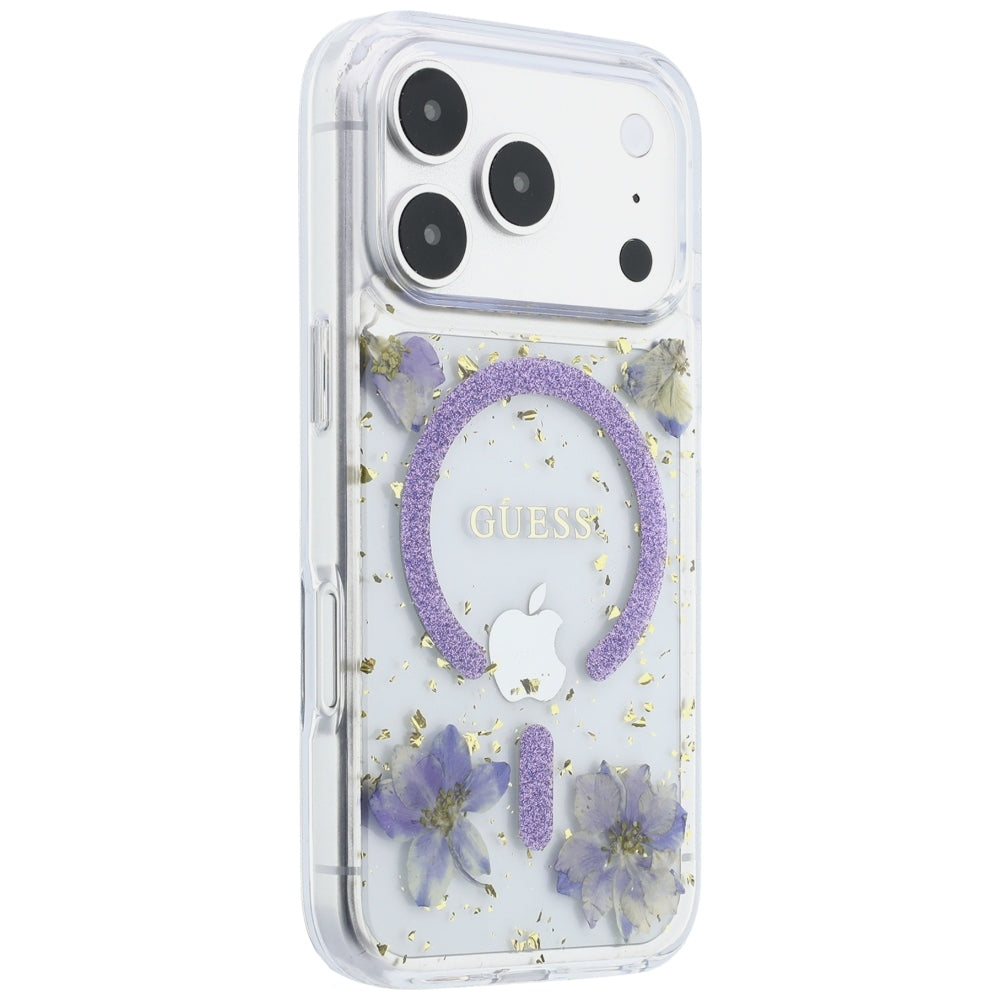 MagSafe-etui til Apple iPhone 18 Pro Max / 17 Pro Max, Guess, Harpiksblomster og Glitter, Lilla