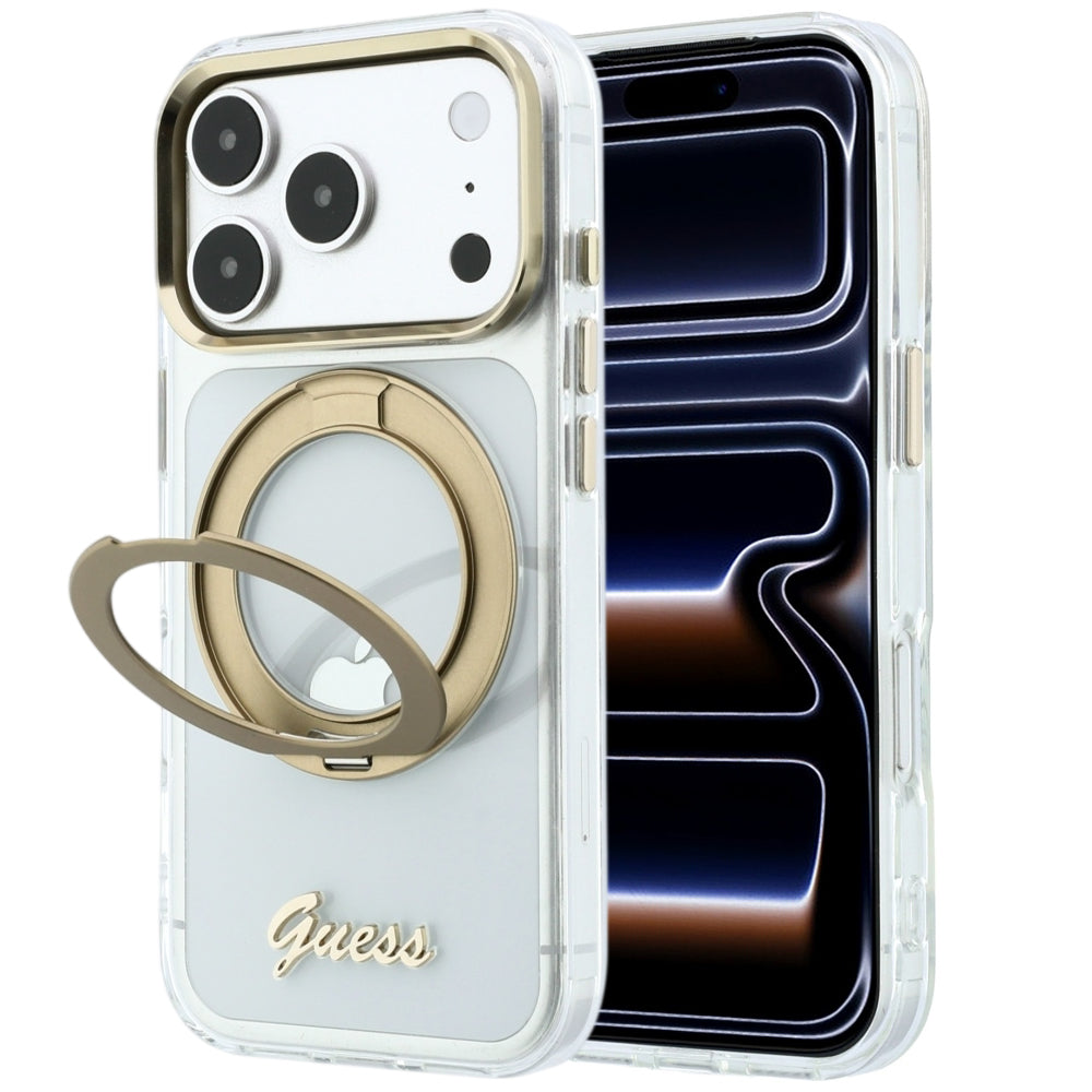 MagSafe-etui til Apple iPhone 18 Pro Max / 17 Pro Max, Guess, Ring Stand Script Metal Logo, Transparent