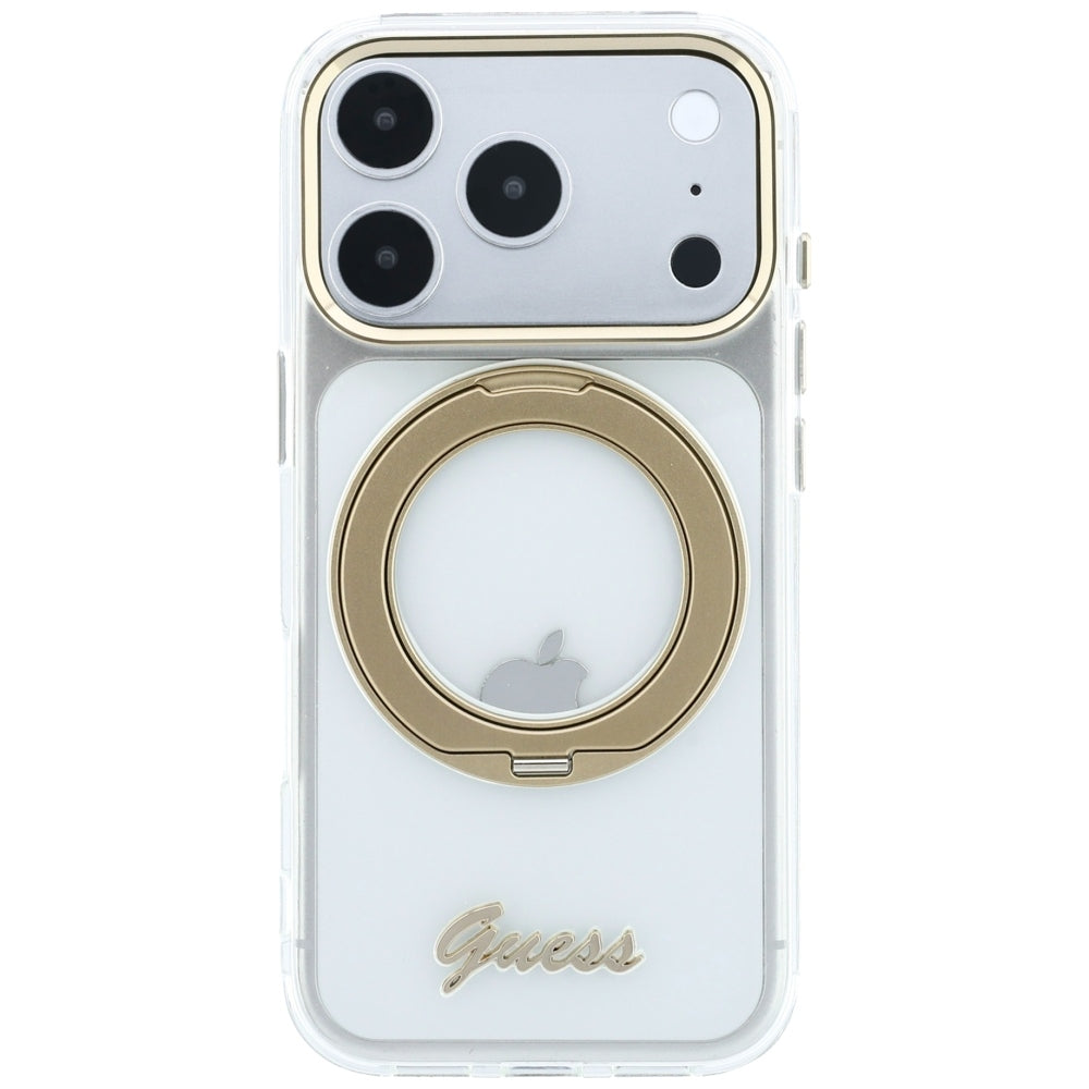 MagSafe-etui til Apple iPhone 18 Pro Max / 17 Pro Max, Guess, Ring Stand Script Metal Logo, Transparent