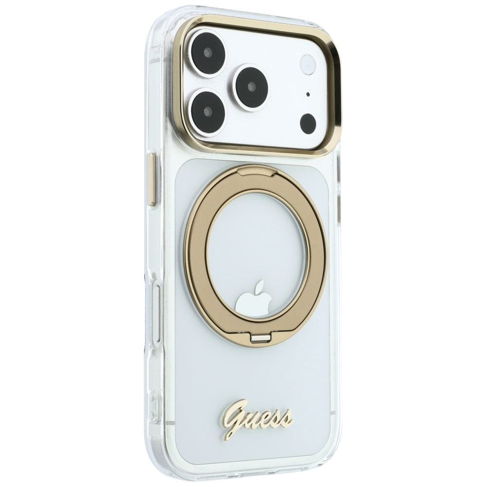 MagSafe-etui til Apple iPhone 18 Pro Max / 17 Pro Max, Guess, Ring Stand Script Metal Logo, Transparent