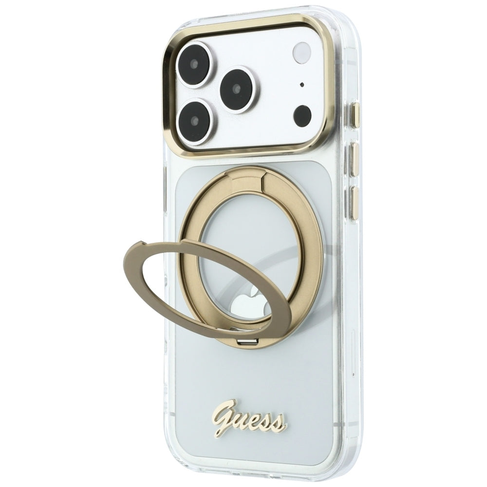 MagSafe-etui til Apple iPhone 18 Pro Max / 17 Pro Max, Guess, Ring Stand Script Metal Logo, Transparent