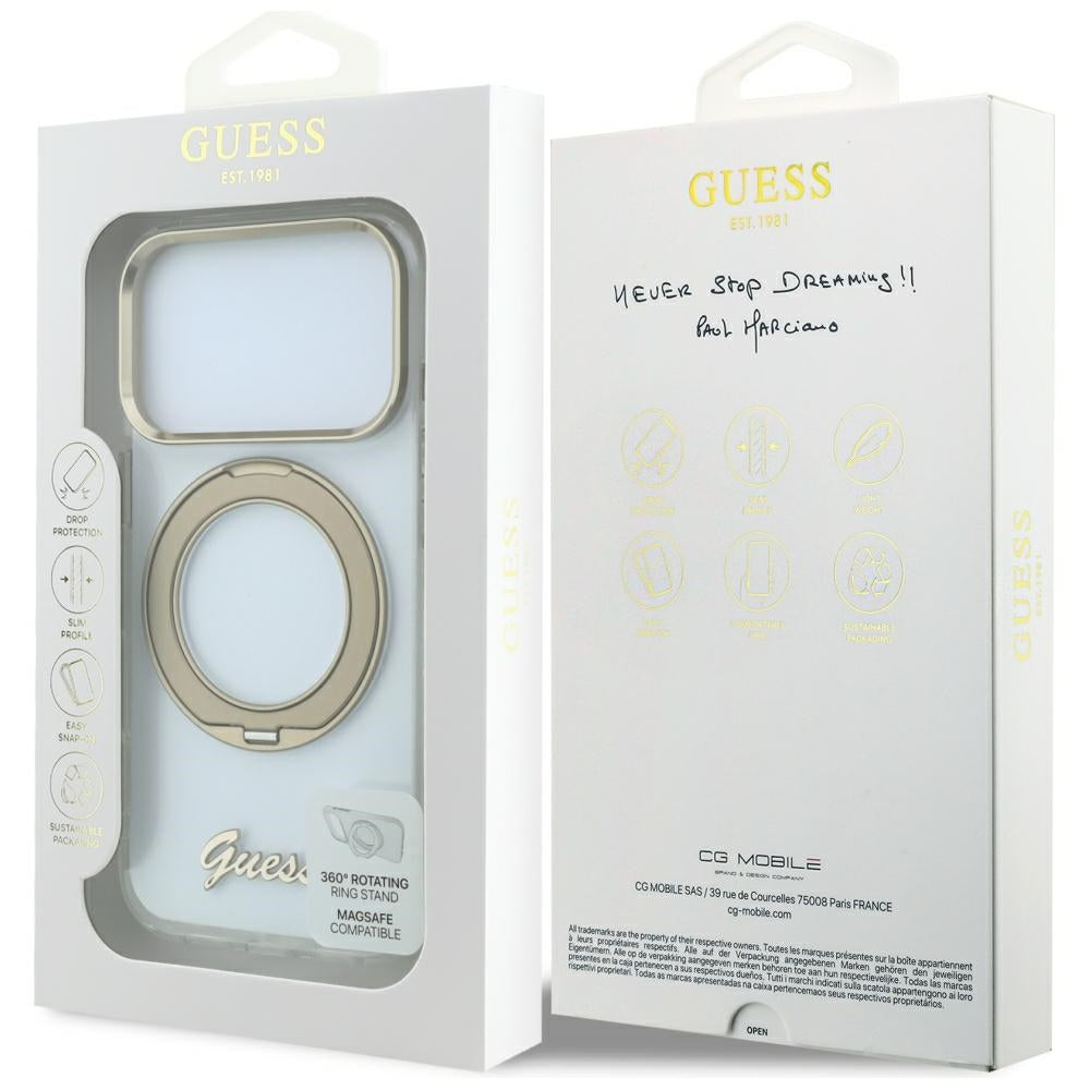 MagSafe-etui til Apple iPhone 18 Pro Max / 17 Pro Max, Guess, Ring Stand Script Metal Logo, Transparent