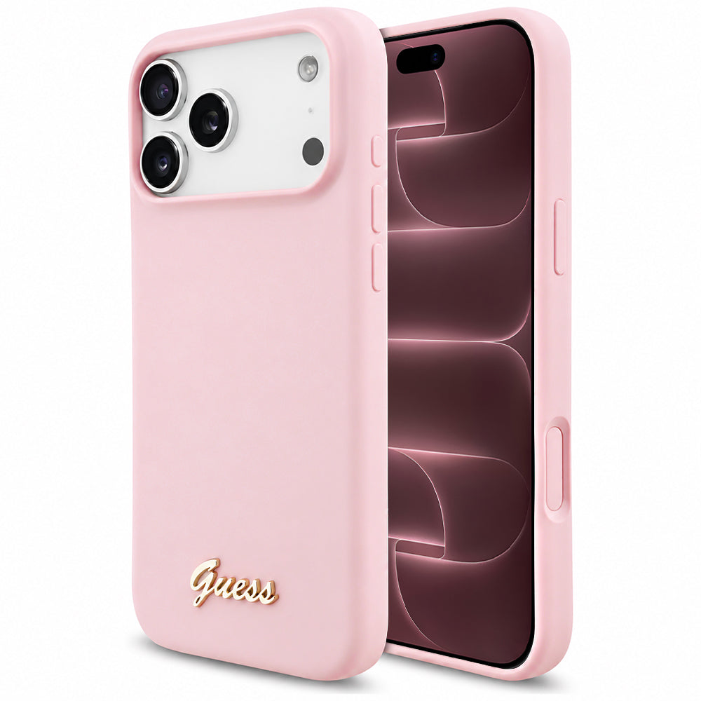 MagSafe-etui til Apple iPhone 18 Pro Max / 17 Pro Max, Guess, Script Metal Logo, Lyserød