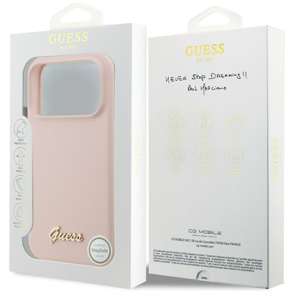 MagSafe-etui til Apple iPhone 18 Pro Max / 17 Pro Max, Guess, Script Metal Logo, Lyserød