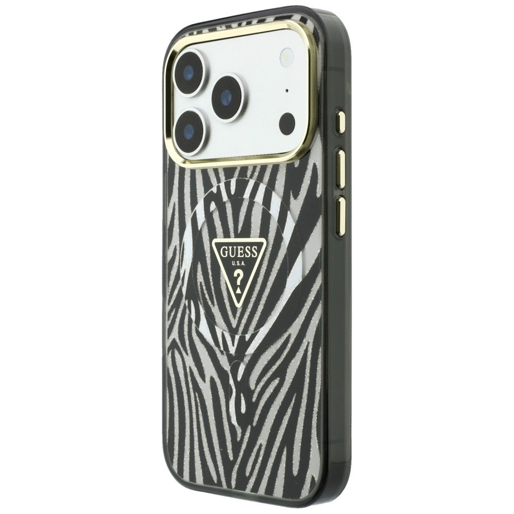MagSafe-etui til Apple iPhone 18 Pro Max / 17 Pro Max, Guess, Zebra Glitter Triangle Logo, Sølv
