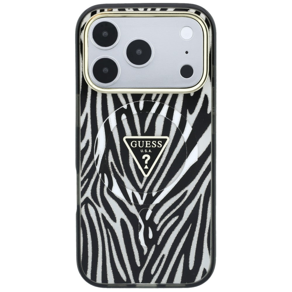 MagSafe-etui til Apple iPhone 18 Pro Max / 17 Pro Max, Guess, Zebra Glitter Triangle Logo, Sølv