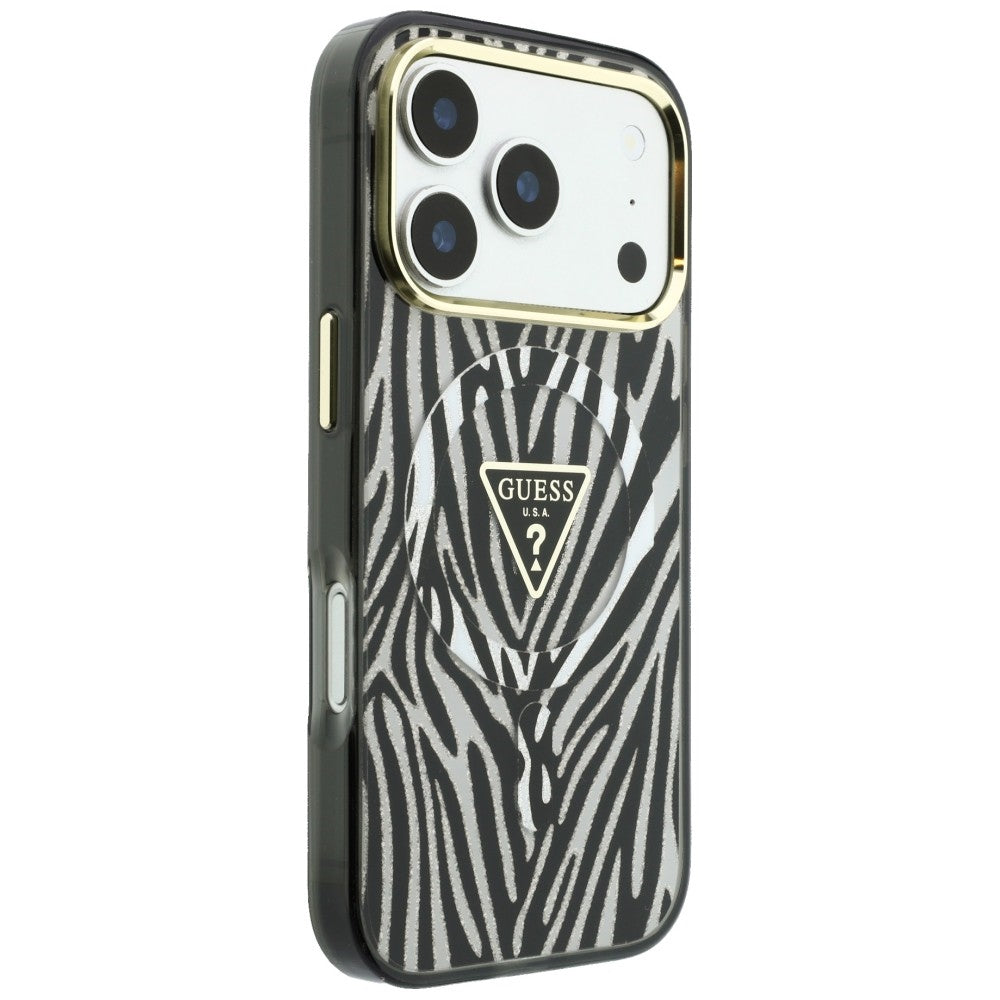MagSafe-etui til Apple iPhone 18 Pro Max / 17 Pro Max, Guess, Zebra Glitter Triangle Logo, Sølv