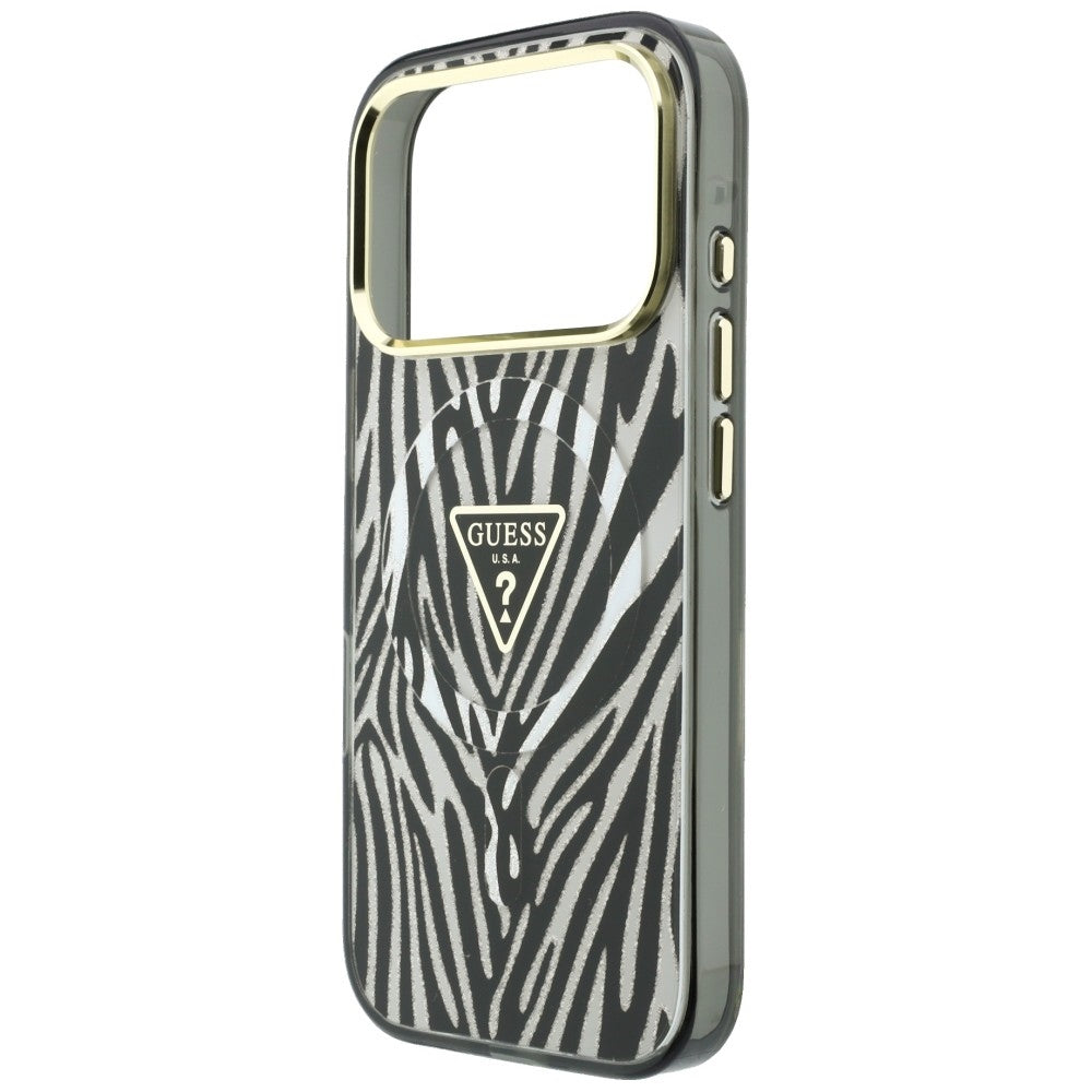MagSafe-etui til Apple iPhone 18 Pro Max / 17 Pro Max, Guess, Zebra Glitter Triangle Logo, Sølv