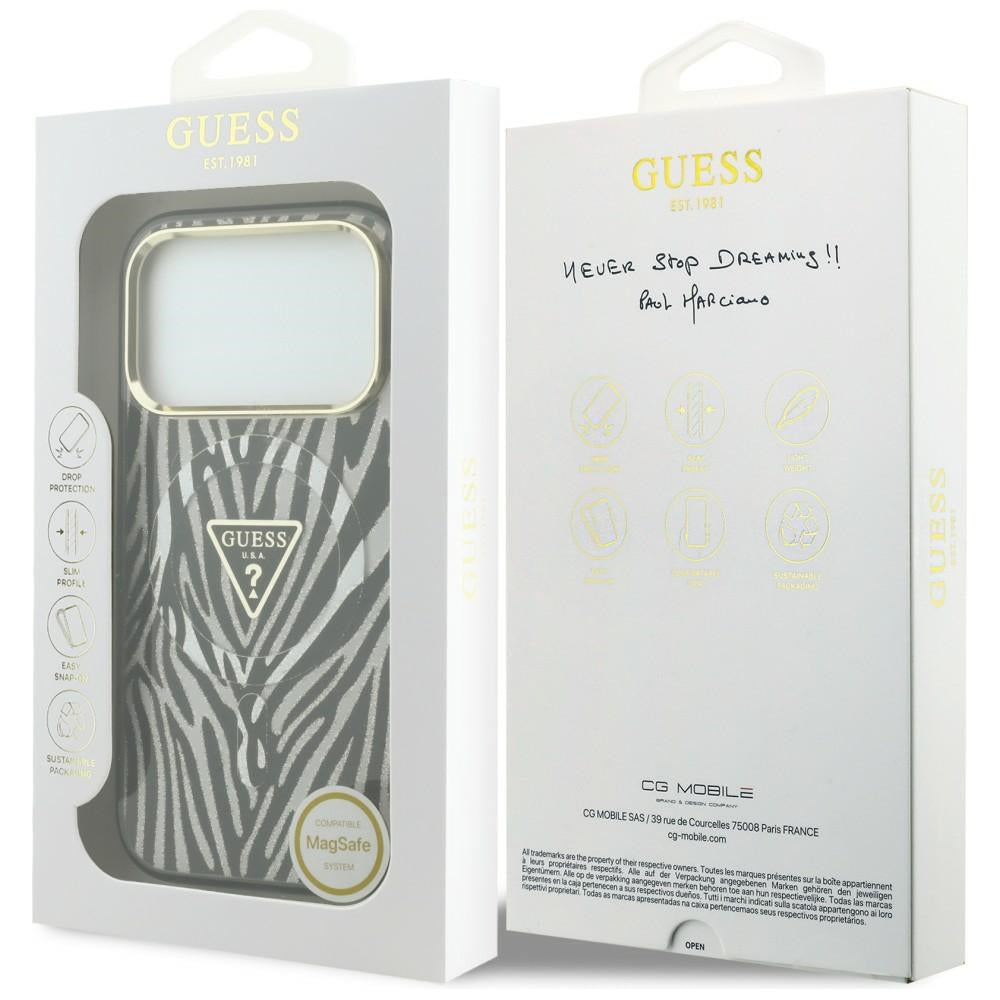 MagSafe-etui til Apple iPhone 18 Pro Max / 17 Pro Max, Guess, Zebra Glitter Triangle Logo, Sølv