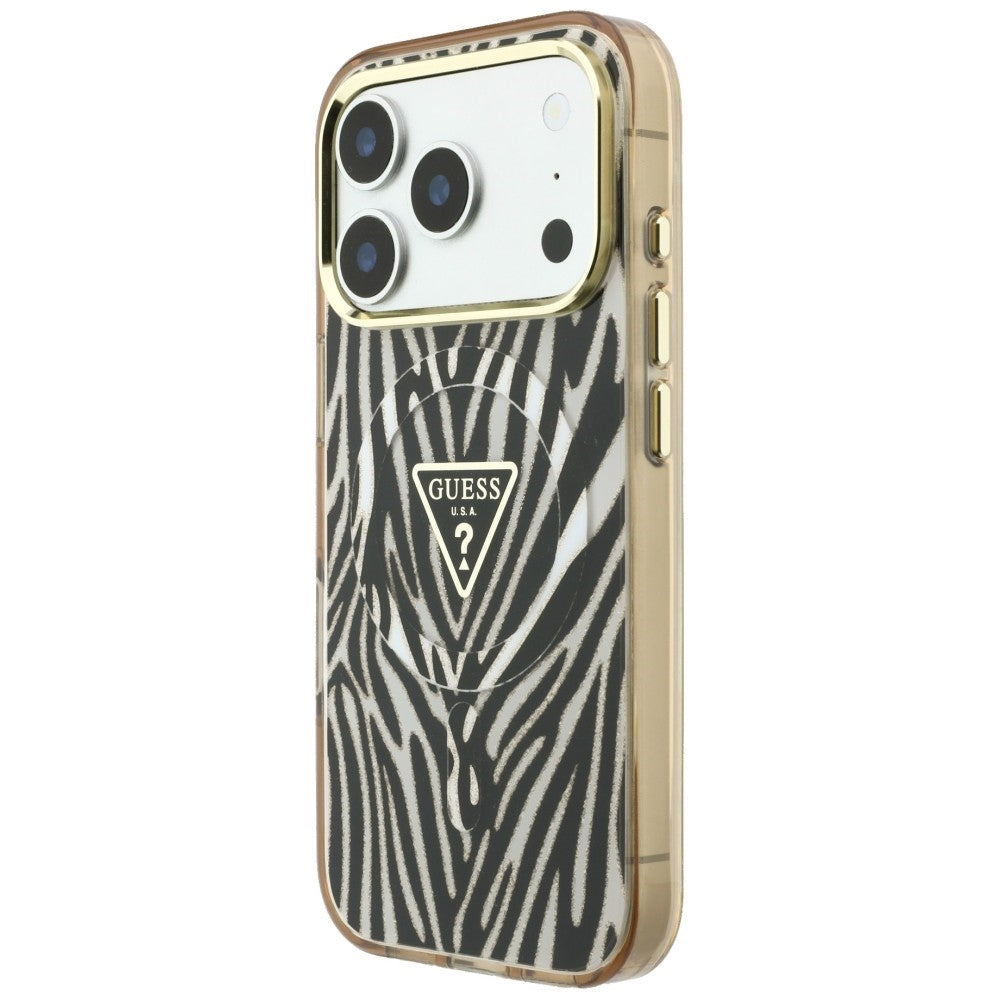 MagSafe-etui til Apple iPhone 18 Pro Max / 17 Pro Max, Guess, Zebra Glitter Triangle Logo, Guld