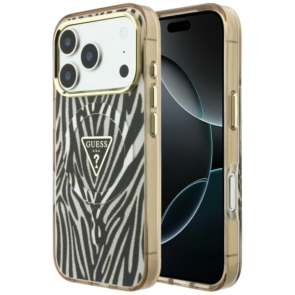 MagSafe-etui til Apple iPhone 18 Pro Max / 17 Pro Max, Guess, Zebra Glitter Triangle Logo, Guld
