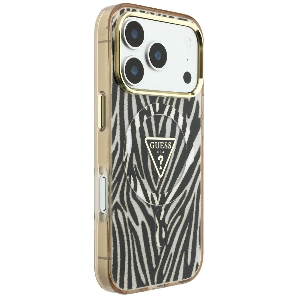 MagSafe-etui til Apple iPhone 18 Pro Max / 17 Pro Max, Guess, Zebra Glitter Triangle Logo, Guld