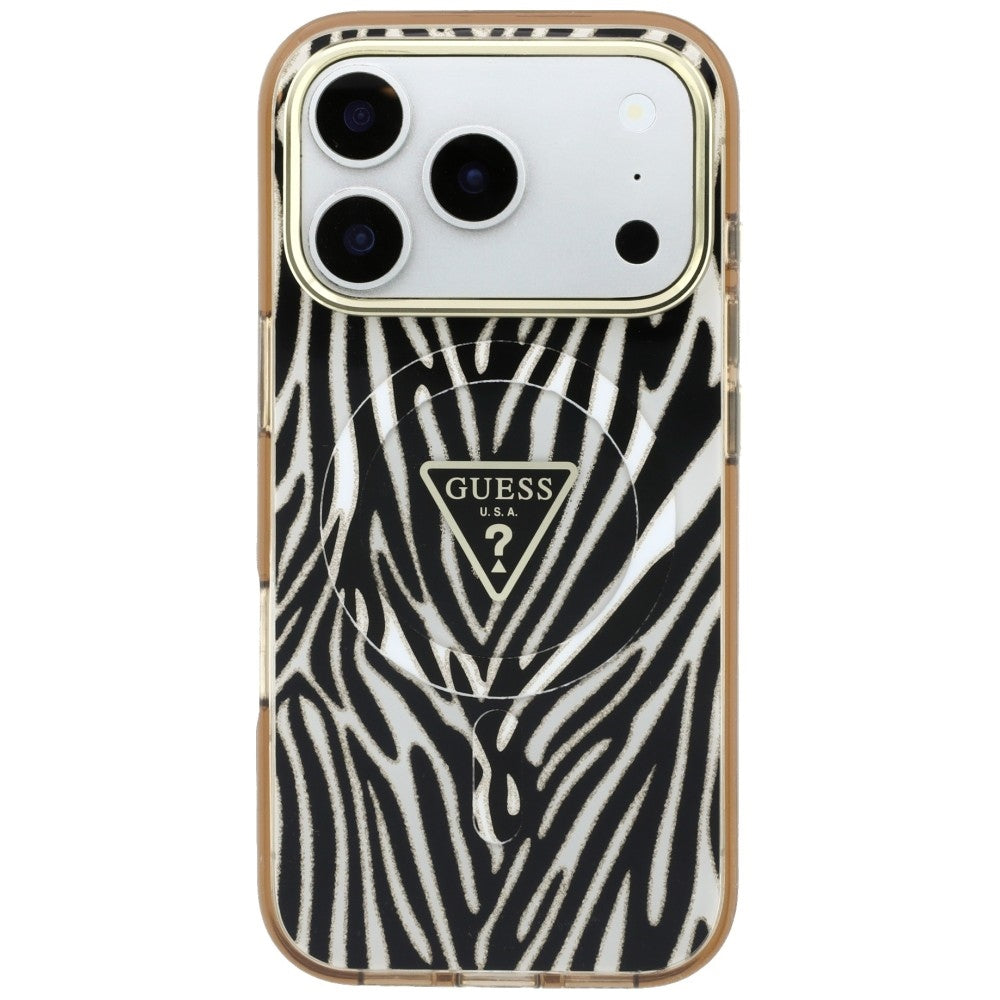 MagSafe-etui til Apple iPhone 18 Pro Max / 17 Pro Max, Guess, Zebra Glitter Triangle Logo, Guld
