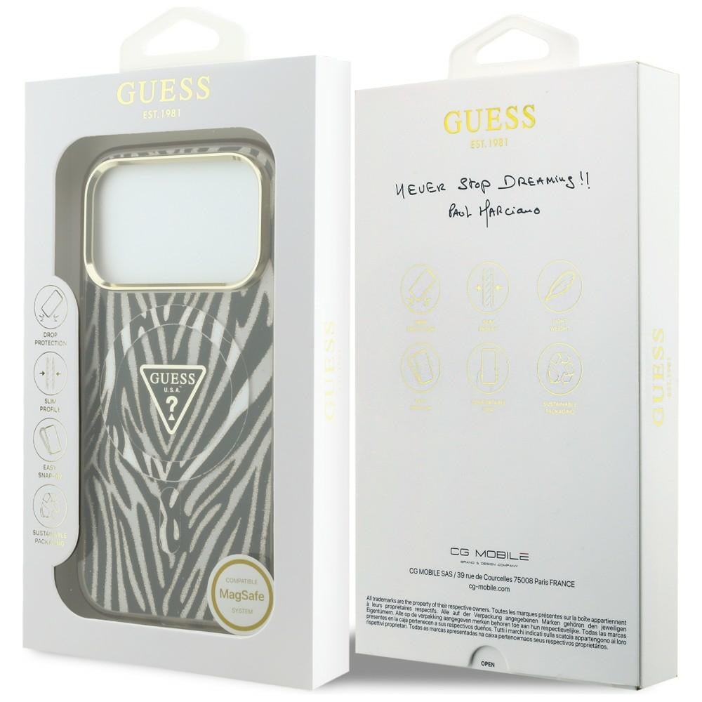 MagSafe-etui til Apple iPhone 18 Pro Max / 17 Pro Max, Guess, Zebra Glitter Triangle Logo, Guld