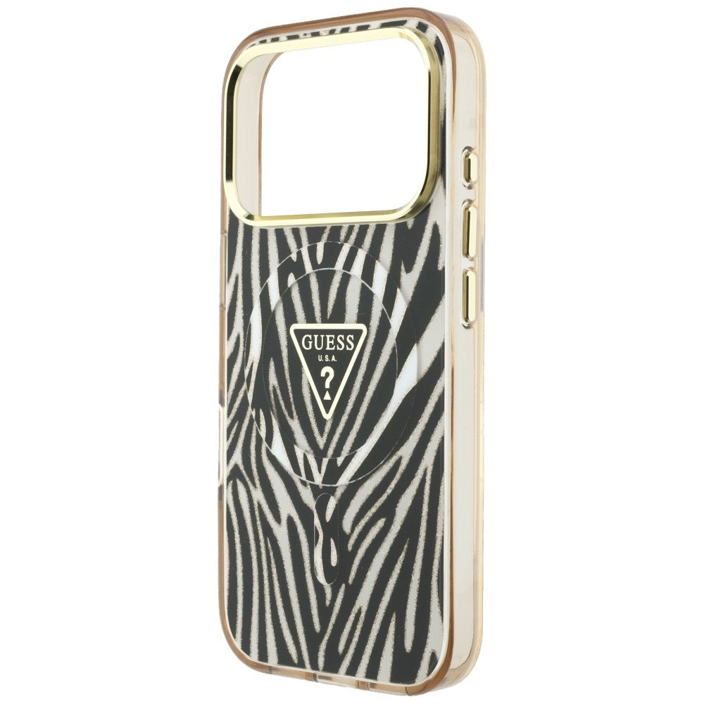 MagSafe-etui til Apple iPhone 18 Pro Max / 17 Pro Max, Guess, Zebra Glitter Triangle Logo, Guld