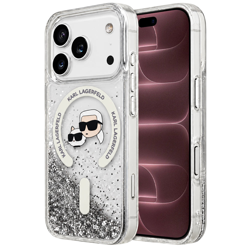 MagSafe-etui til Apple iPhone 18 Pro Max / 17 Pro Max, Karl Lagerfeld, Liquid Glitter Karl & Choupette Head's, Transparent