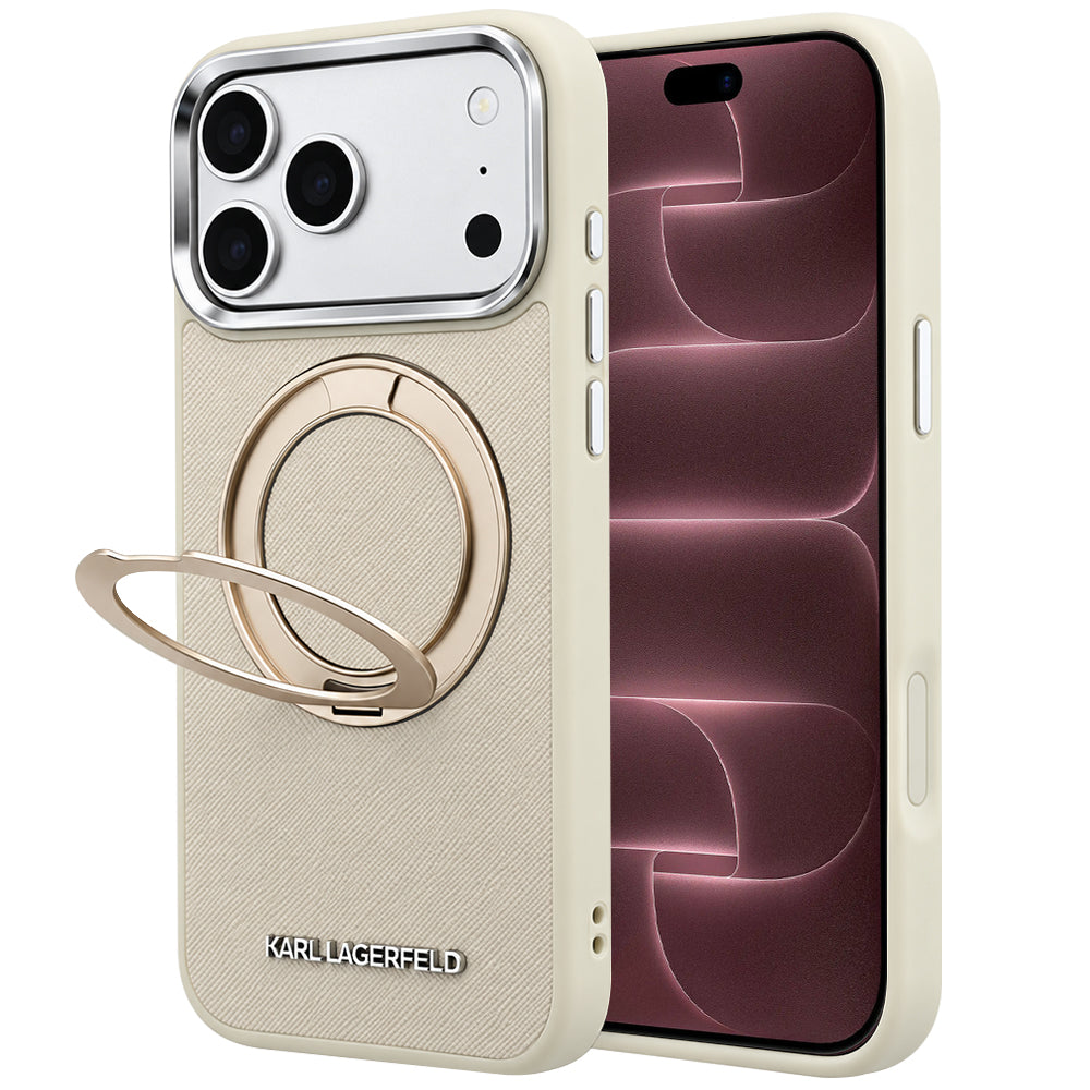 MagSafe-cover til Apple iPhone 18 Pro Max / 17 Pro Max, Karl Lagerfeld, Ring Stand 360 Saffiano, beige