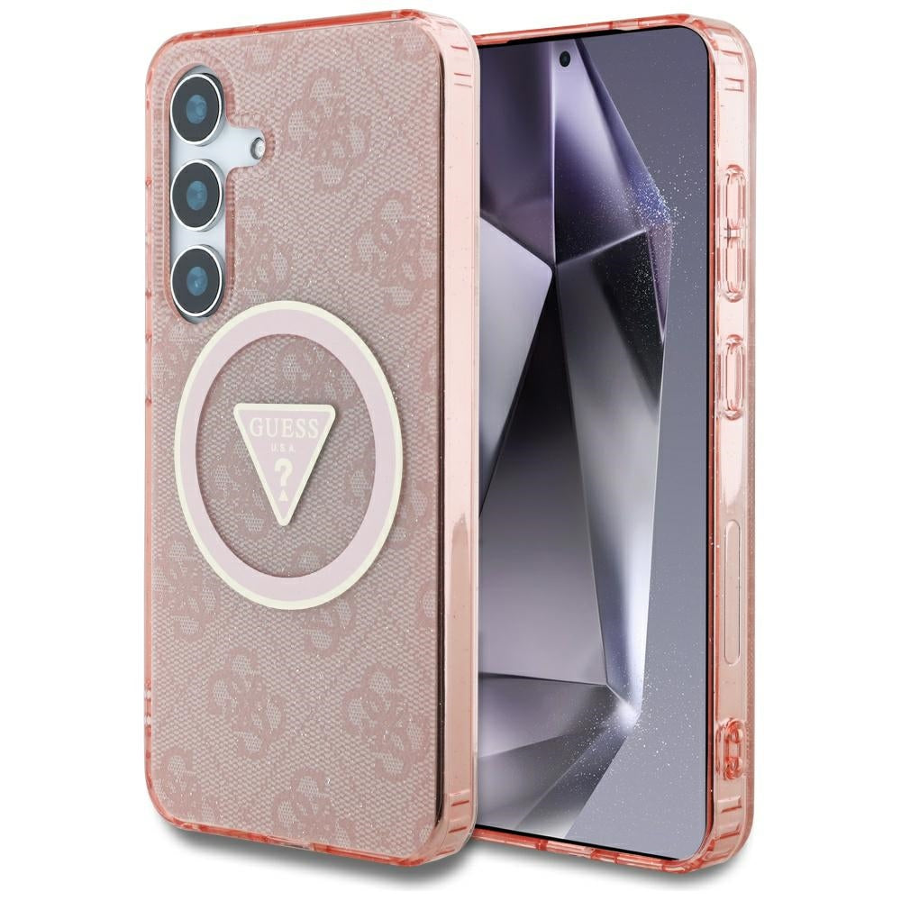 MagSafe Case for Samsung Galaxy S25 S931, Guess, IML Glitter 4G Circle Triangle, Pink