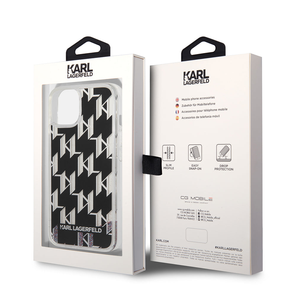 Cover til Apple iPhone 14, Karl Lagerfeld, Liquid Glitter Monogram, Sort