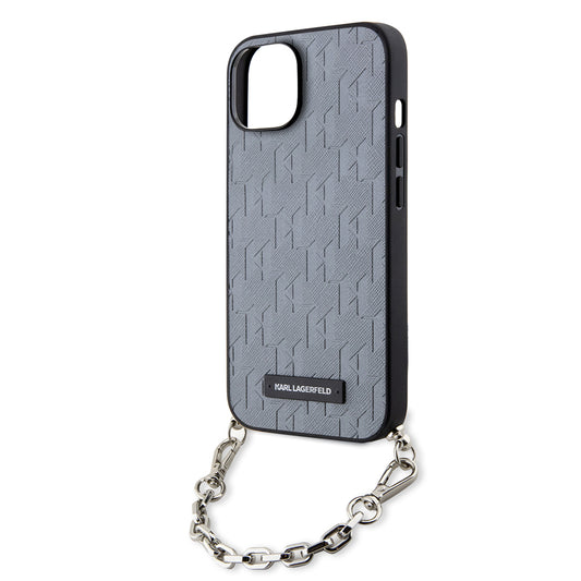 Etui til Apple iPhone 14, Karl Lagerfeld, Saffiano Monogram Chain, Sølvfarvet