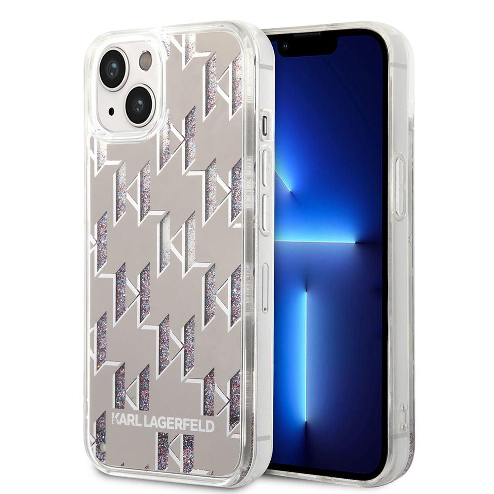 Etui til Apple iPhone 14 Plus, Karl Lagerfeld, Liquid Glitter Monogram, Sølvfarvet