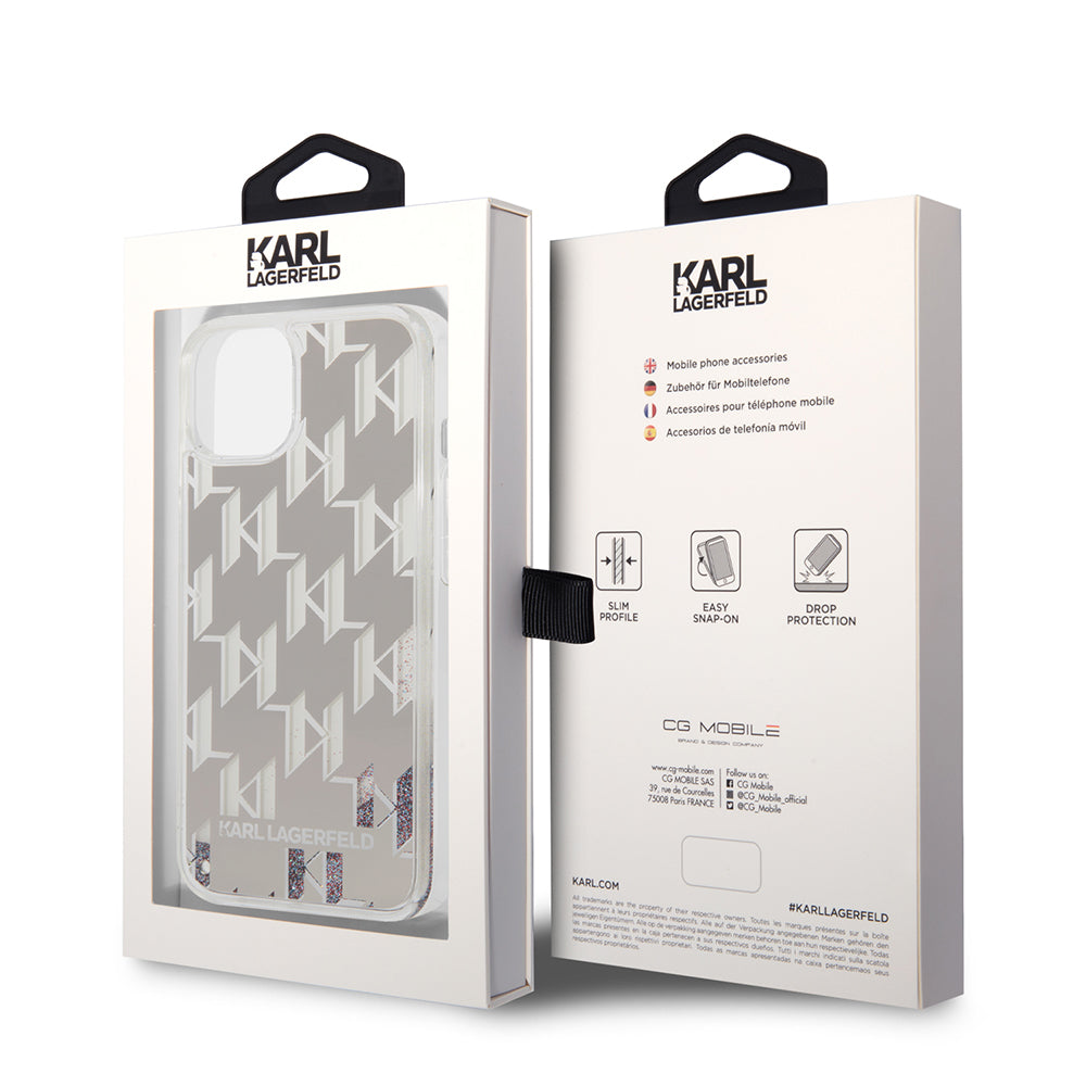 Etui til Apple iPhone 14 Plus, Karl Lagerfeld, Liquid Glitter Monogram, Sølvfarvet