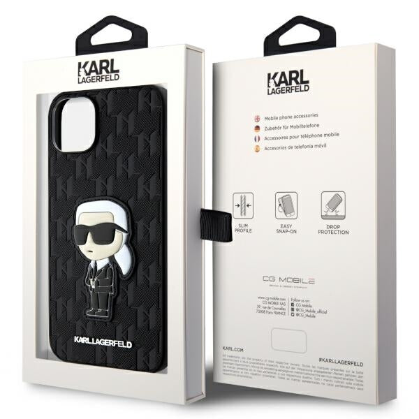 Etui til Apple iPhone 14 Plus, Karl Lagerfeld, Saffiano Monogram Ikonik Karl, Sort