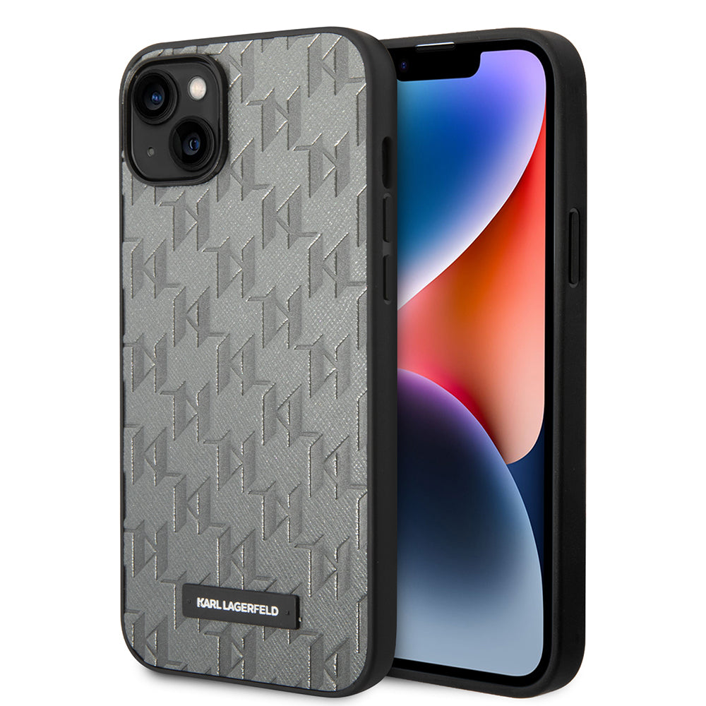 Etui til Apple iPhone 14 Plus, Karl Lagerfeld, Saffiano Monogram Metal Logo, Grå