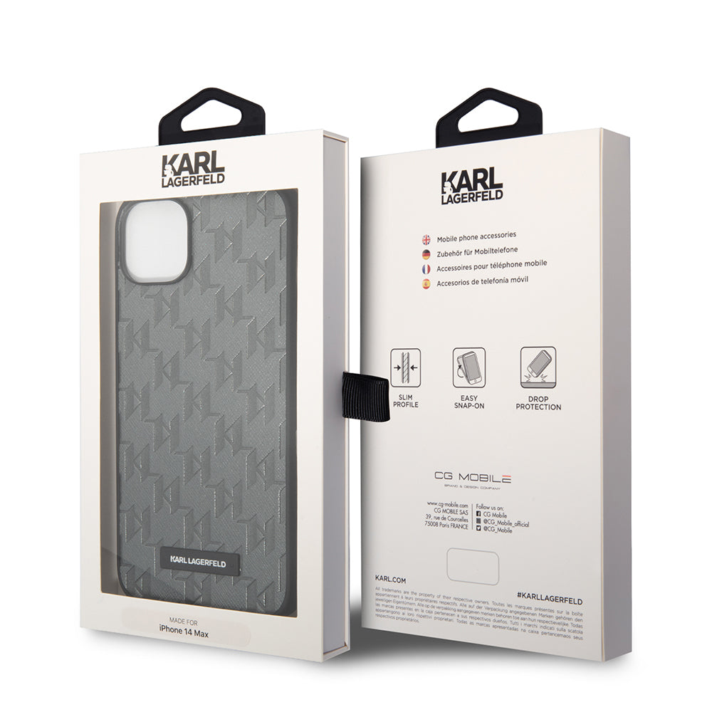 Etui til Apple iPhone 14 Plus, Karl Lagerfeld, Saffiano Monogram Metal Logo, Grå