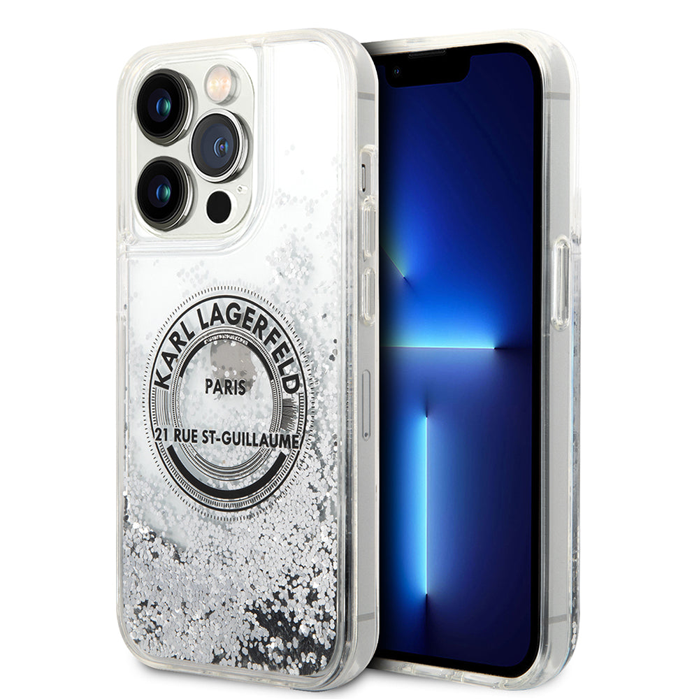 Etui til Apple iPhone 14 Pro, Karl Lagerfeld, Liquid Glitter RSG, Sølvfarvet