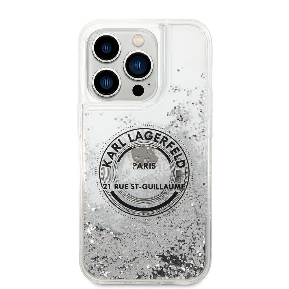 Etui til Apple iPhone 14 Pro, Karl Lagerfeld, Liquid Glitter RSG, Sølvfarvet