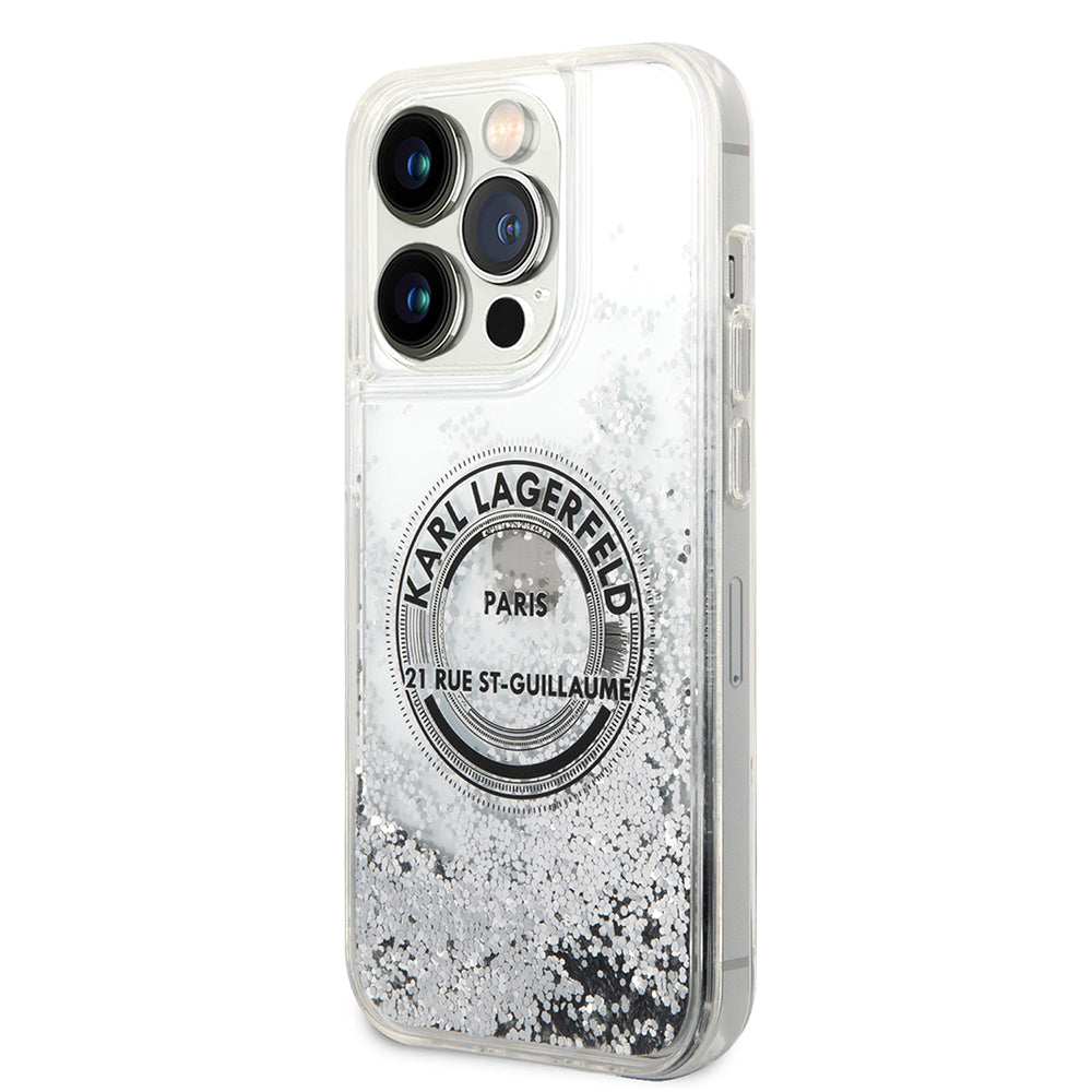 Etui til Apple iPhone 14 Pro, Karl Lagerfeld, Liquid Glitter RSG, Sølvfarvet