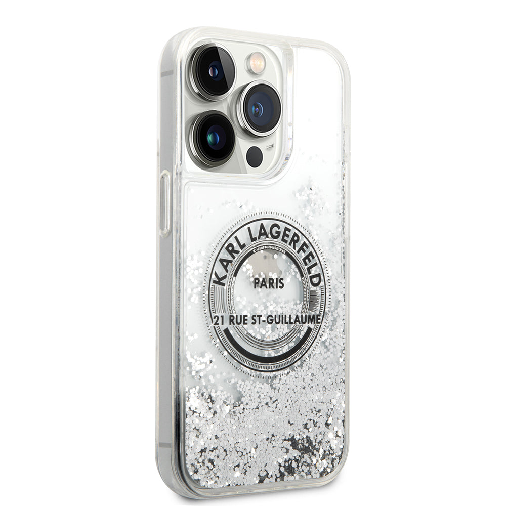 Etui til Apple iPhone 14 Pro, Karl Lagerfeld, Liquid Glitter RSG, Sølvfarvet