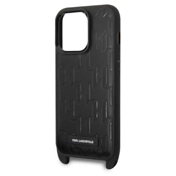 Etui til Apple iPhone 14 Pro, Karl Lagerfeld, Monogram Plaque Logo med rem, Sort