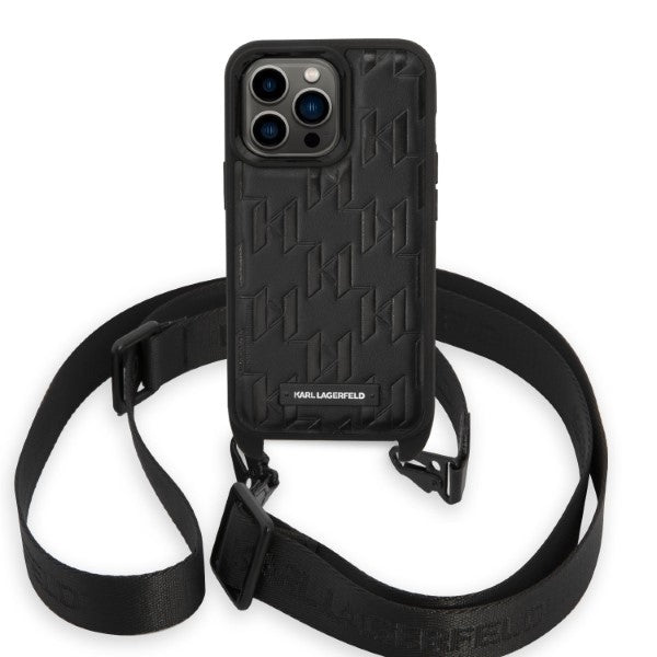 Etui til Apple iPhone 14 Pro, Karl Lagerfeld, Monogram Plaque Logo med rem, Sort