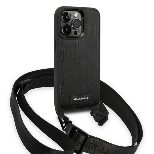 Etui til Apple iPhone 14 Pro, Karl Lagerfeld, Monogram Plaque Logo med rem, Sort