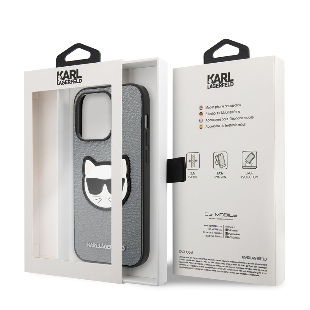 Case for Apple iPhone 14 Pro, Karl Lagerfeld, Saffiano Choupette's Head, Silver