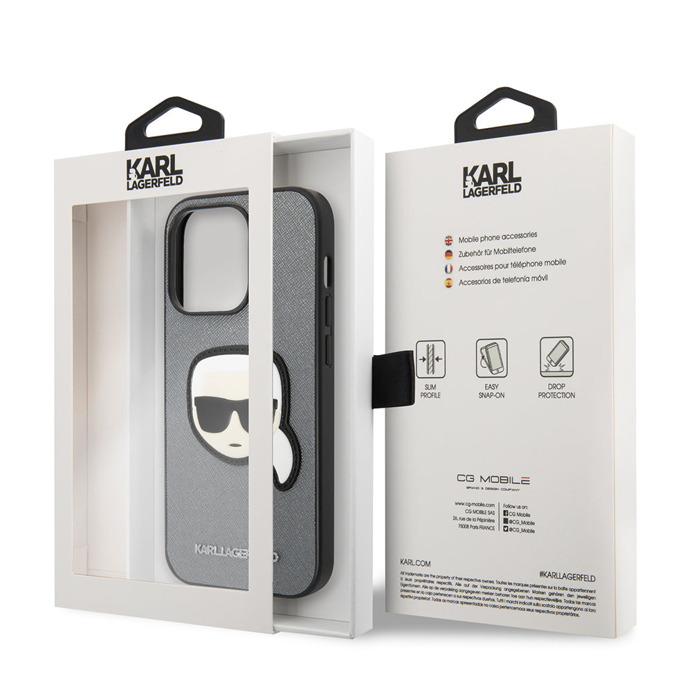 Case for Apple iPhone 14 Pro, Karl Lagerfeld, Saffiano Karl's Head, Silver