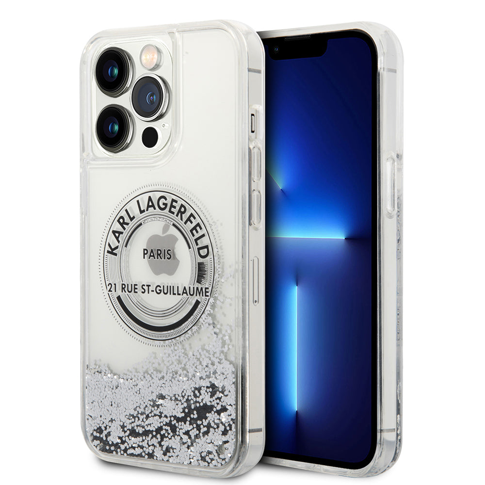 Etui til Apple iPhone 14 Pro Max, Karl Lagerfeld, Liquid Glitter RSG, Sølvfarvet