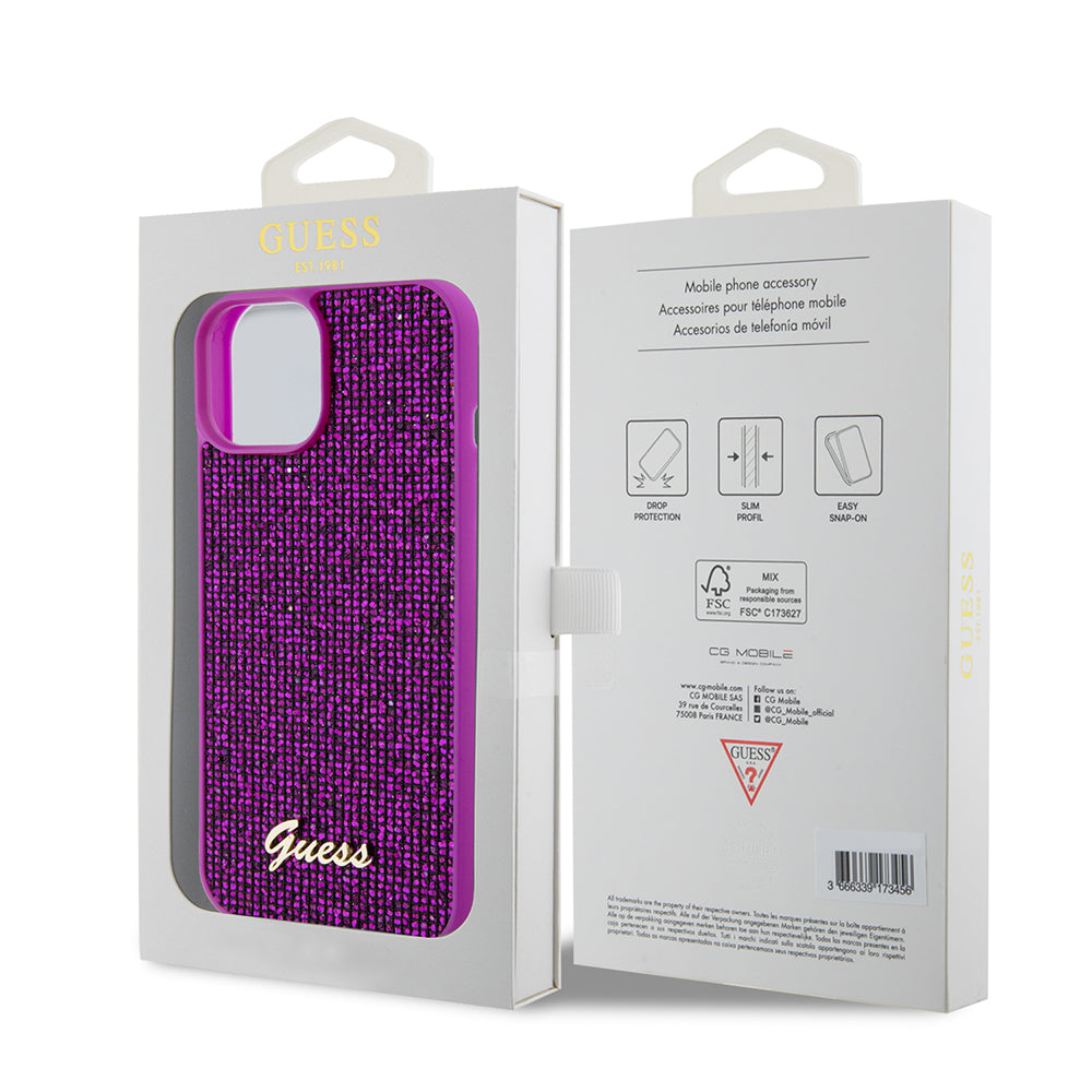 Etui til Apple iPhone 15, Guess, Disco Metal Script, Fuchsia