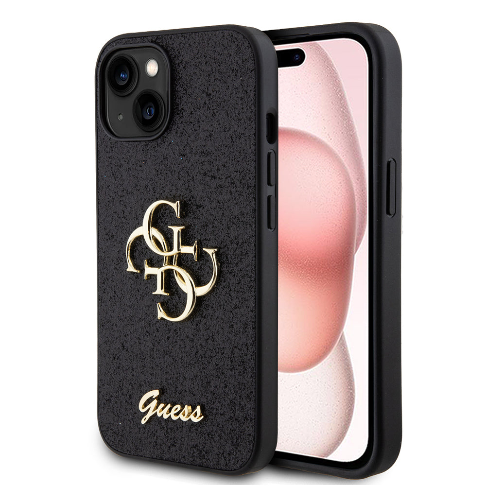 Etui til Apple iPhone 15, Guess, Glitter Big 4G Script, Sort